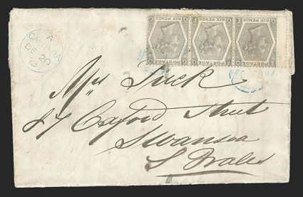 Caldera, Chile to England, folded letter written on board the steamer Rose of England franked by left wing-margin horizontal strip of three 1873 6d Grey Plate 12 (S.G. Z15)
tied by two light strikes of blue C37 in barred oval, matching B.P