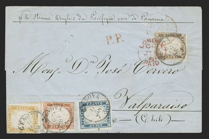 Genoa, Italy to Valparaiso, Chile, folded cover with por le Steamer Anglais du Pacifique voie de Panama directive franked by Sardinia 1855 10c Dark brown (11j), 20c Indigo
(12d), 40c Vermilion (13d) and 80c Ocher (14c), 20c and 40c ample to