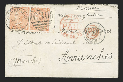 Valparaiso, Chile to France, cover franked by right wing-margin horizontal pair Great Britain 1872 4d Vermilion Plate13 (S.G. Z64) tied by B.P.O. ValparaisoPaidNo 11, 73 and
C30 in barred oval duplex postmark, red London transit and PD i