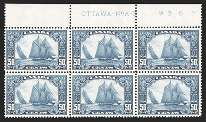 158, 1929 50c Dark blue Bluenose, top margin Ottawa-No. A-3 imprint and 936Y block of six, nicely centered, lightly disturbed o.g., h.r. in the selvage, small thin in the top
left selvage only, otherwise very fine and scarce.
