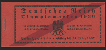 Michel MH 42.1, 42.2, 1936 Olympic games booklets, the regular 2M unexploded booklet of two panes and the unexploded booklet with the red diagonal band across the front cover,
stamps o.g., n.h., fresh and very fine.