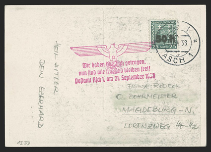 Sudetenland - Asch Michel 1 Ia DD, 1938 60h surcharge on 25h Blue green, double surcharge, tied to picture post card to Magdeburg by double circle Asch10.X.38 datestamp,
magenta slogan cachet, very fine and rare listed on cover in Michel,