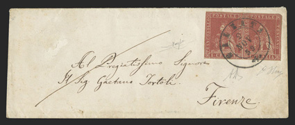 12, 1857 1cr Carmine, horizontal pair, large margin around except cut diagonally at top right, deep color, small closed tear at top between stamps, tied by well struck Galeata
2 Nov 59 c.d.s. on petite cover to Firenze (backstamp), cover with sm