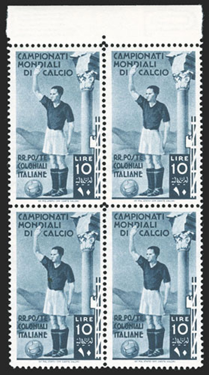 46-50, 1934 10c-10L 2nd World soccer championship cplt., fresh mint blocks of four, o.g., n.h., 10L with tiny adhesion spot on two stamps and a third with a natural inclusion,
otherwise fine-very fine.