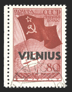Wilna Michel 17 V, 1941 80k Carmine overprinted Vilnius, notch top right in right hand upstroke of N, pos. 11, left sheet-margin used example, neat Vilnius c.d.s., very fine
only 160 examples were printed signed E Keiler and accompanied by