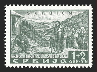 Michel 47 I, 47 II, 1941 1d+2d Dark green and light green, missing S in Cyrillic engravers mark and missing G in Cyrillic engravers mark, singles of each, pos. 99 and 100
respectively, o.g., n.h, extremely fine latter accompanied by 1983