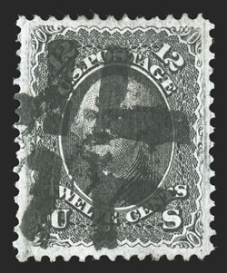 97, 12c Black, F grill, a fabulous quality used example, boasting flawless centering within extravagantly large margins for this value, an uncommonly clean impression on bright
paper contributes further to this gem stamps overall appeal, neat