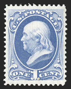 134, 1c Ultramarine with grill, an exquisite mint example that is in a condition that is virtually unlike any other we have seen on this terribly difficult grilled Bank Note
stamp, possessing strikingly rich color and a strong impression on bril