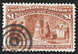 241, $1.00 Columbian, used, well centered within uncommonly large margins, fresh bright color, neat target cancel, choice very fine 1998 and 2007 PF
certificates.