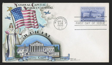 991, 3c Supreme Court Building, tied by Washington, D.C.Aug 2, 1950 first day of issue postmark to Dorothy Knapp multicolored handpainted cover, unaddressed and fresh,
extremely fine and handsome.
