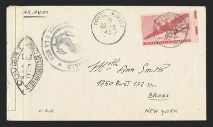 CM2, 6c Carmine with R.F. Ty. b handstamp, C25 tied to cover from J. Sitbon at the demobilization center in Casablanca to Ann Smith in the Bronx, N.Y. tied by Poste Navale29-6,
45 postmark which is repeated alongside, Marine Nationale