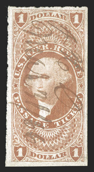 R74a, $1.00 Passage Ticket, imperforate, large to very large margins all around, bright and fresh, light 1866 ms. cancel, extremely fine.