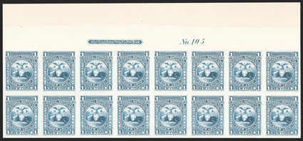 RO134P3, National Match Co., 1c Blue plate proof on India paper mounted on card, top margin American Bank Note Co. imprint and plate No. 105 block of sixteen (8x2), large
margins, incredibly fresh, extremely fine and rare multiple.