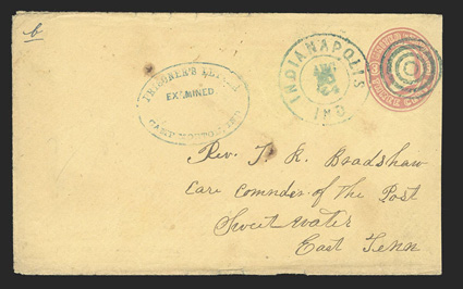 Prisoners Letter Examined Camp Morton Ind blue oval handstamp on 3c Entire (U35) to East Tennessee, blue Indianapolis double circle pmk. tied the indicia, just slightly reduced
at right (clear of indicia) and trivial edge wear, fine a scarce