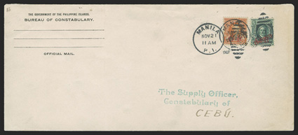 239 var. and 236 var., $5.00 Dark green and 50c Orange, each with red O B overprint, both exceptionally well centered and possessing intensely rich color, tied to neat
legal-sized Bureau of Constabulary official mail return address cover by