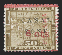 15 var., 8c on 50c Bistre brown, 15mm. Panama reading up, position 7, with PANAMA measuring 15¾-16mm, also the two Panamas close together, tropicalized o.g., fine 1976 PF
certificate (CZSG 15.2a).