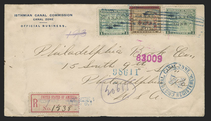 14, 8c on 50c Bister brown, single along with two 1c Green (9) tied by blue cancels with matching Cristobal Oct 27, 1905 registry handstamp on cover to Philadelphia, with
registry label with number written by hand, and Cristobal rubber stam