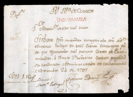 Cochabamba early straight line handstamp, Department of Cochabamba, 1797 pre-paid postal money order issued in the Cochabamba post office to Cuzco, Peru for the sum of 1,150
Pesos, quite fresh and attractive with slight aging at right as is typ