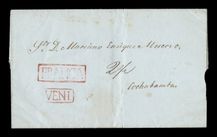 Veni red boxed handstamp, Department of Beni, the early type of this postmark with solid frames around both the Veni handstamp and the matching Franca handstamp, on 1847
entire folded letter to Cochabamba, letter is datelined Trinidad, a sm