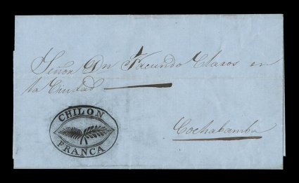 ChilonFranca black pictorial oval, Department of Santa Cruz, a delightful and perfectly struck postmark in intense black ink with leaf fronds in the center, on clean 1860
entire folded letter to Cochabamba, interestingly datelined Pampagrande