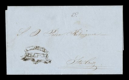 ChiquitosFranca fancy black handstamp, Department of Santa Cruz, a beautiful ornate postmark with the town name in an arched ribbon at top and the Franca in a box in the
center with leaf fronds below, on 1861 entire folded letter to Santa Cr