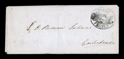 MachaFranca black pictorial cancel, Department of Potosi, an incredibly well struck example of this highly detailed pictorial postmark showing a postman with horn and a pack
mule, on 1864 entire letter to Cochabamba, letter is datelined Chagui