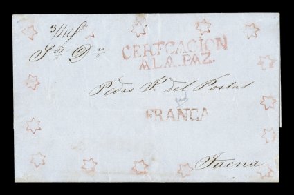 CertcacionA La. Paz red two line registration handstamp, Department of La Paz, an exceptionally handsome and rare registration marking on cover to Tacna, Peru with matching
straight line Franca handstamp and fifteen small six-pointed stars a
