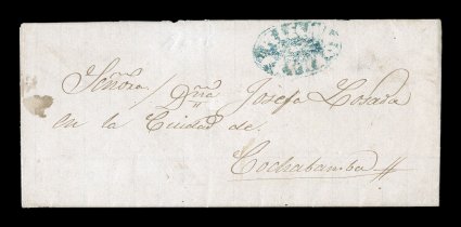 PelechucoFranca bluish green negative oval, Department of La Paz, a remarkably rare postal marking from this small remote village on an 1865 entire folded letter to
Cochabamba, this letter is datelined Apolo and the marking is very similar (th