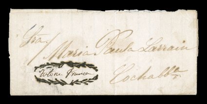 TotoraFranca ms. endorsement within fancy black oval frame, Department of Cochabamba, another highly unusual marking from this post office being an ornate handstamped frame of
leaves with the town and paid notation written in the center, on 18
