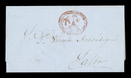 FrancaTupiza red pictorial cancel, Department of Potosi, a gorgeous oval cancel featuring a condor and mountain under the sun in the center with a negative ornate frame with
leaves, nice strike on 1856 entire folded foreign mail letter to Salt