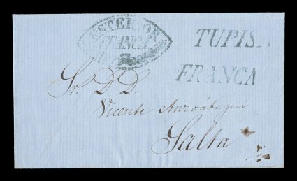 Tupisa blue straight line handstamp, Department of Potosi, another foreign mail cover to Salta, Argentina including a portion of the letter that has Gregorio Pachecos
signature, in addition to the Tupisa straight line handstamp this cover al