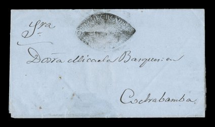 VallegrandeFranca black negative oval, Department of Santa Cruz, an impressive negative postmark of this small town on 1864 entire folded letter to Cochabamba, very fine some
letters in the postmark and the starburst in the center are a bit u