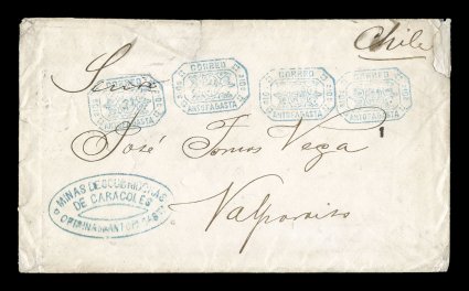 CorreoAntofagasta10c blue ornate octagonal frank, Department of Litoral, four clear strikes of this frank paying a 40c rate on an 1878 cover to Valparaiso, Chile for a
multiple rate cover, backstamped, edge wrinkles from large enclosure (not
