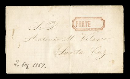 Porte (La Paz) red framed official handstamp, Department of La Paz, superbly struck example of this marking with no postage designation at right which Escalier classifies as a
handstamp for official mail, on entire folded letter to Santa Cruz,