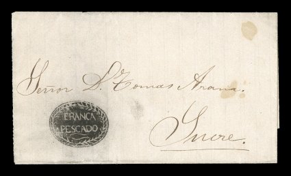FrancaPescado ornate black negative oval, Department of Chuquisaca, a marvelously well struck example of this extremely rare and attractive marking, on 1873 folded cover to
Sucre, side flap at left missing, otherwise very fine drawn in outlin
