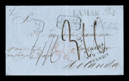 Sucre black straight line handstamp, Department of Chuquisaca, on extremely rare 1859 foreign mail entire letter to the highly unusual destination of Holland, scarce boxed
EsteriorFranca of Sucre and rated 3 12 reales local postage to L
