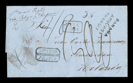 EsteriorFranca boxed handstamp of Sucre, Department of Chuquisaca, another very rare 1859 foreign mail entire letter to Holland, letter is datelined Chuquisaca and has the
scarce boxed EsteriorFranca of Sucre, rated 3 12 reales local p