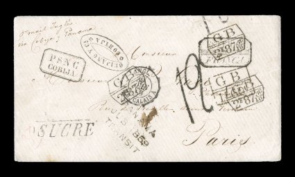 Sucre black straight line handstamp, Department of Chuquisaca, a similar and remarkably handsome 1859 foreign mail cover to France, scarce boxed EsteriorFranca of Sucre,
connecting with the Pacific Steam Navigation Company with exceptionally