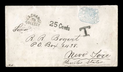 CorreoAntofagasta10c blue ornate octagonal frank, Department of Litoral, single strike of this frank on handsome 1878 cover to New York, this paid the postage to Lima, Peru
receiving that citys transit on the reverse, a rare Transatlantico