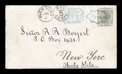 CorreoAntofagasta10c blue ornate octagonal frank, Department of Litoral, full clear strike of this frank on 1878 cover to the United States, the single strike paying the
single rate to a Pacific coast country, matching blue Franca in fancy