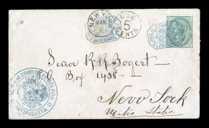 CorreoAntofagasta10c blue ornate octagonal frank, Department of Litoral, an interesting mate to the above cover with two clear strikes of this frank on 1878 cover to the
United States, two strikes paying the double rate to a Pacific coast cou