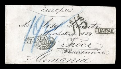 Cancelado ornate black oval of La Chimba, Department of Litoral, on beautiful 1873 cover to Trier, Germany, accompanied by black boxed Franca handstamp, routed to Callao, Peru
receiving Callao in dots handstamp of the Peruvian post offi
