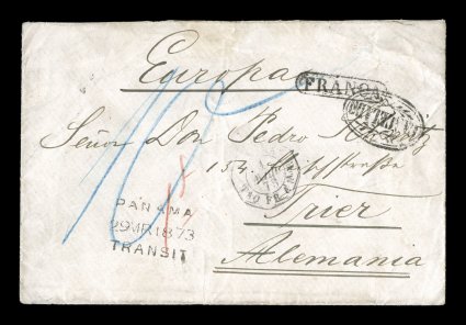 Cancelado ornate black oval of La Chimba, Department of Litoral, another 1873 cover being the mate to the previous cover of the same correspondence to Trier, Germany,
accompanied by black boxed Franca handstamp, this was also routed to Ca