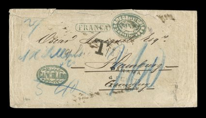 Correos de la ChimbaBolivia negative blue ship illustrated handstamp, Department of Litoral, attractive strike of this rare and popular marking used on foreign ship mail going
out of Bolivias seacoast port of La Chamba, on 1877 cover to Ham