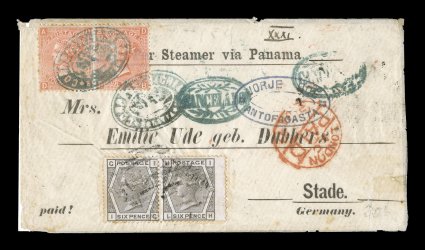 Correos de la ChimbaBolivia negative black ship illustrated handstamp, Department of Litoral, an impressive 1876 cover posted out of La Chamba to Stade, Germany in combination
with Great Britain adhesives for British packet service to Europe,