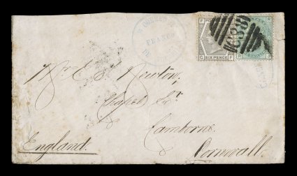 Correos de TocopillaFranco blue circular handstamp, Department of Litoral, typical light strike of this extraordinarily rare postmark on 1877 cover to Camborne, England,
franked with Great Britain 6p Grey, plate 14 and 1- Green, plate 12, (S.
