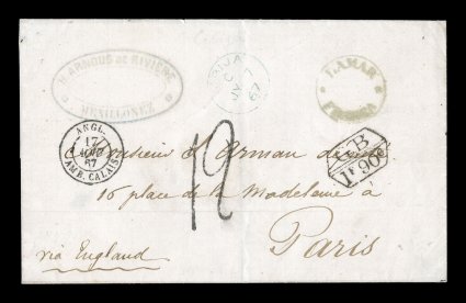 LamarFranca blue circular handstamp, Department of Litoral, 1867 folded cover to France with Bolivian postal marking of the coastal port of Lamar, turned over to the British
post office of Cobija (Lamar) with blue CobijaCJY 7 67 c.d.s., G