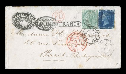 Correos de la ChimbaBolivia negative black ship illustrated handstamp, Department of Litoral, a marvelous strike of this ship cancel in black which is far rarer than the blue,
on an amazing 1875 combination cover with the British Postal Agen