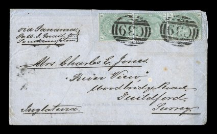 Cobija (Lamar) British Postal Agency c.d.s. Department of Litoral, a pair of 1876 covers from the same correspondence posted directly at the British post office in Bolivia
with Great Britain franking, one with 6p Grey, plate 14 and wing-margin 1