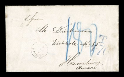 Cobija (Lamar) British Postal Agency c.d.s. Department of Litoral, fresh 1878 cover to Hamburg, Germany, posted from Bolivia directly at the Cobija British post office in
Lamar without going through the Bolivian post office, light CobijaCMR 7